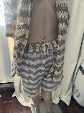 Crochet Stripe Drawstring Shorts - Taupe & Cream